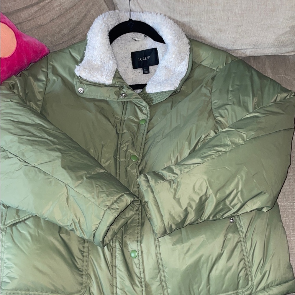 J. Crew Olive Green Sherpa-Lined Puffer Jacket worn a few times